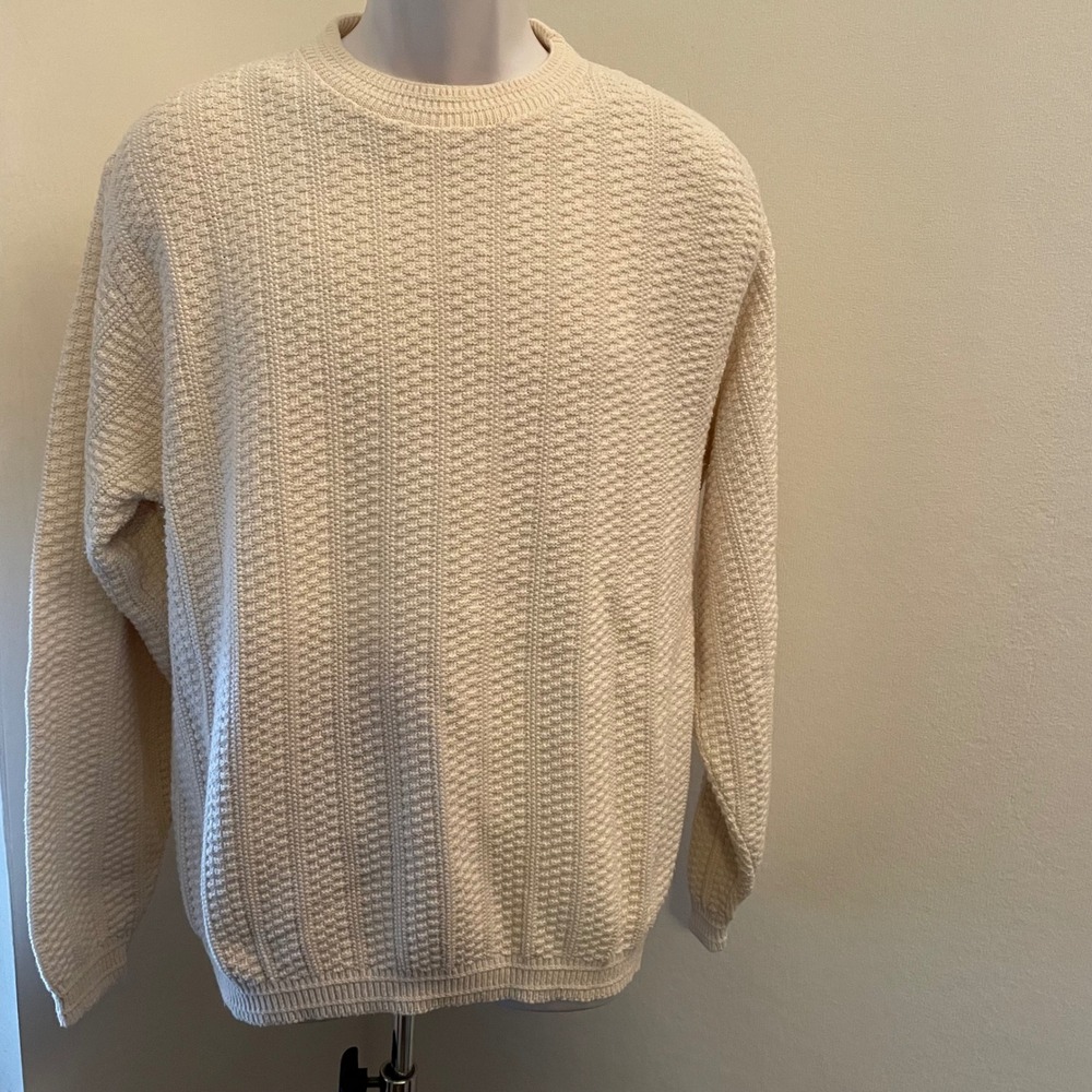 Bill Blass Menswear VTG Cream Textured Cotton Knit Crewneck Sweater Preppy USA L